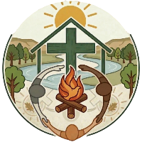 Circular design with a cross, campfire, and nature elements on a white background